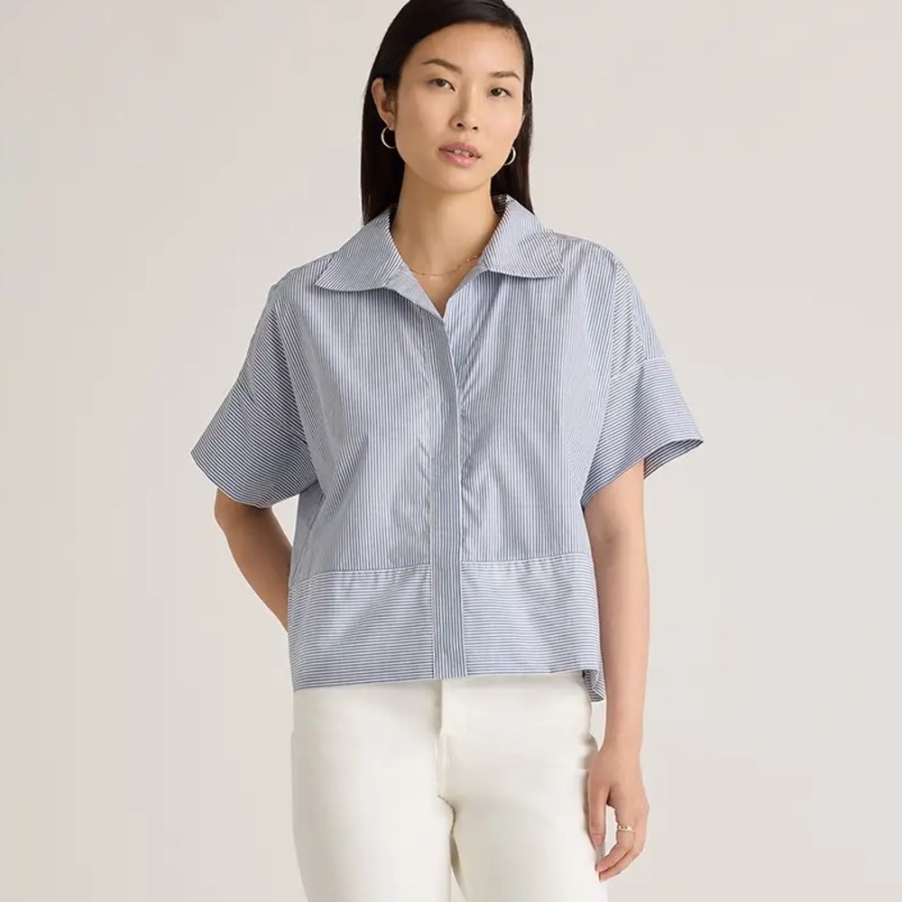 Quince 100% Organic Cotton Poplin Boxy Short Sleeve Shirt Blue Stripe